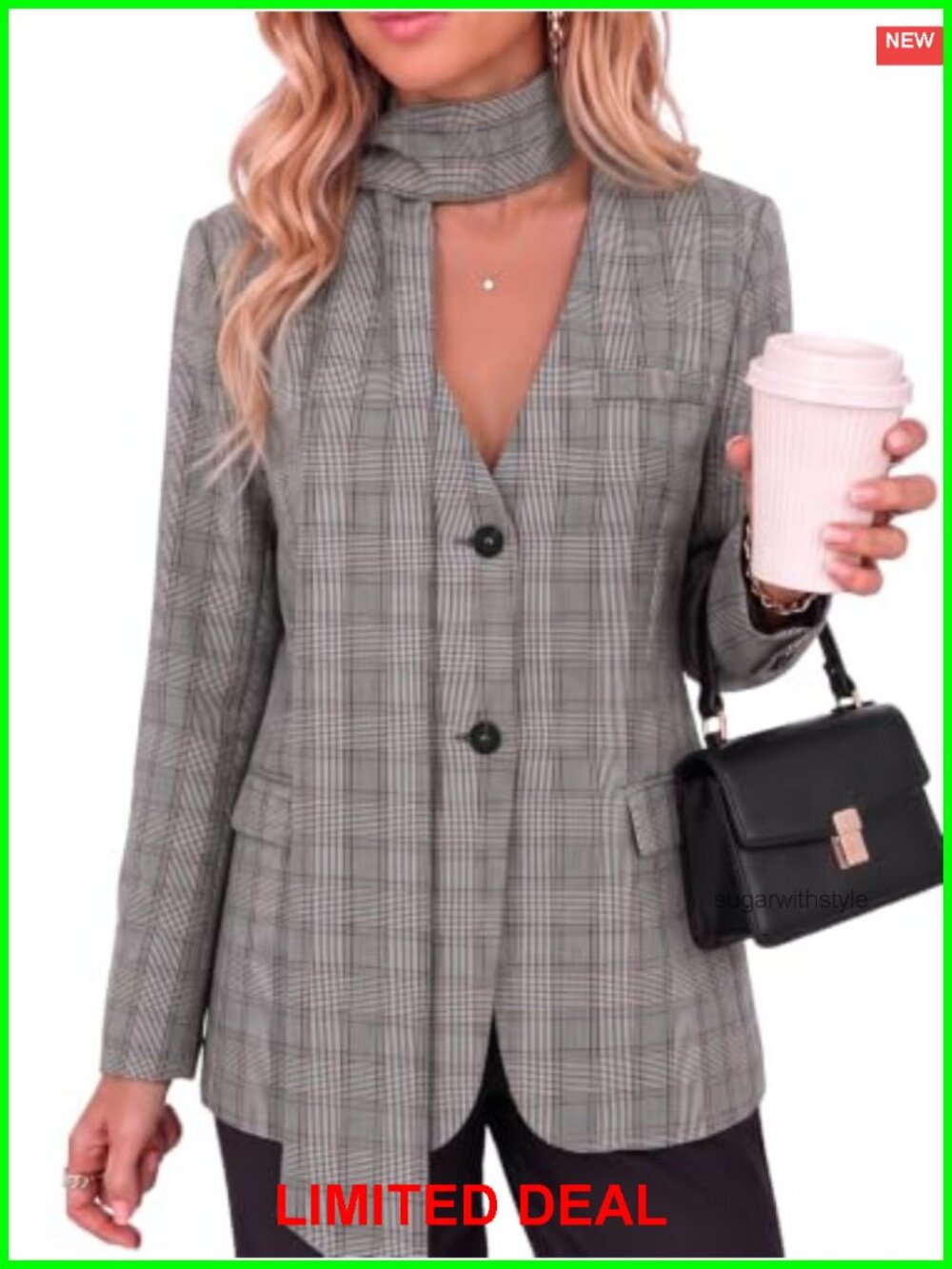 Plaid Casual Blazer V Neck Button Down Suit Jacket with Scarf